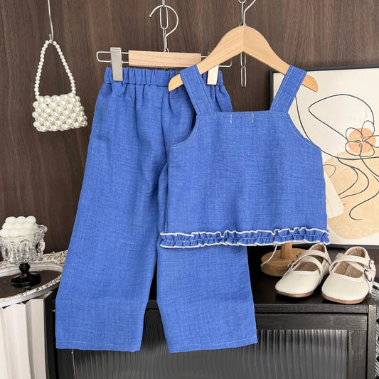 Korean Version Imitation Denim Bow Print Sleeveless Set