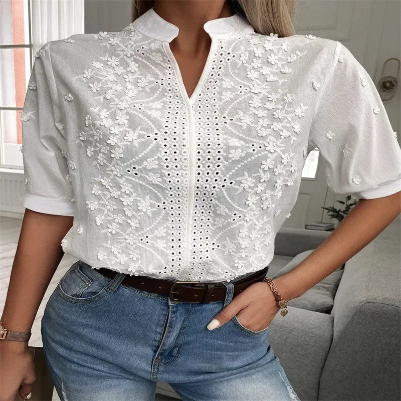 Elegant Short Sleeve White Crochet Blouses