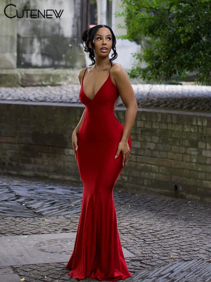 Red Shiny Spaghetti Strap Maxi Dress