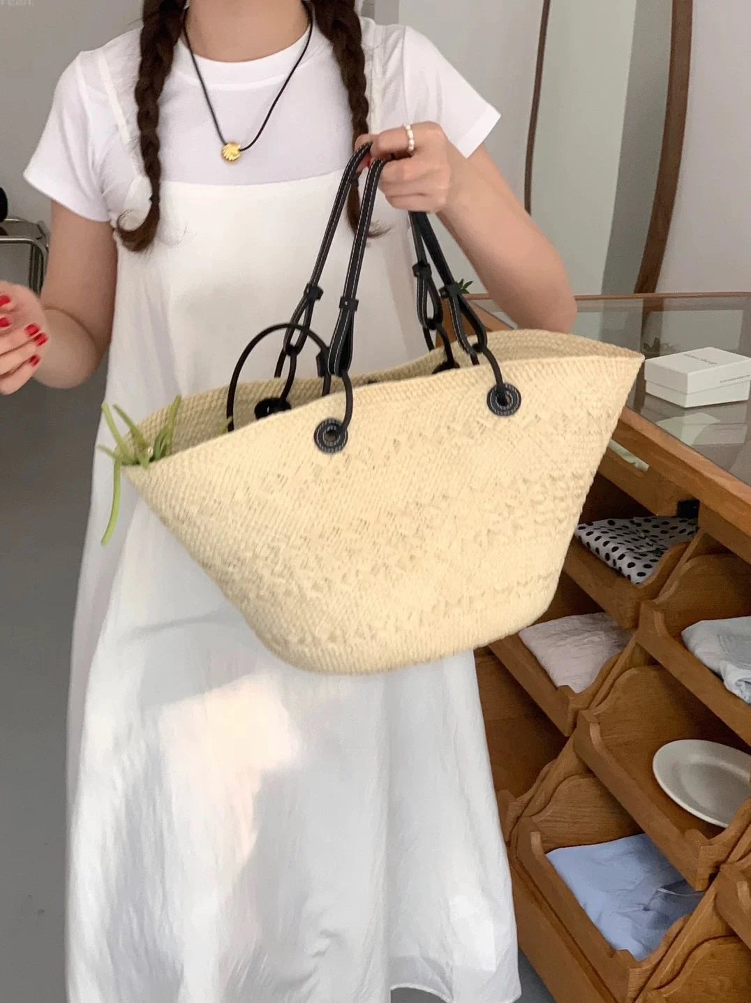 Handmade Raffia Straw Bohemian Woven Crochet Tote Shoulder Bag