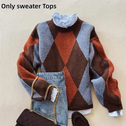 Classic diamond plaid contrast color pullover sweater