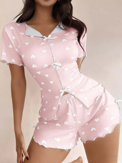Love Printed Collar Short Sleeve Bow Slim Fit Pajamas