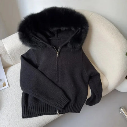 Hooded Real Fox Fur Collar Jacket