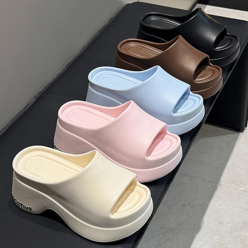 Elegant Pink Platform Wedge Heel Soft Lightweight Thick Bottom Slippers