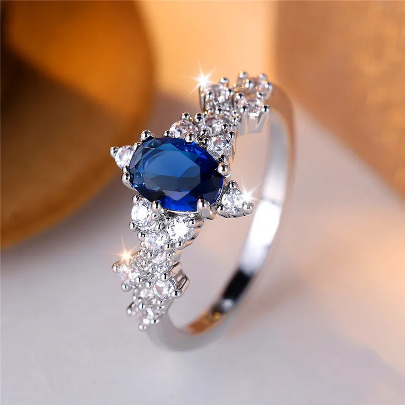 Cute Blue Oval Zircon Stone Vintage Silver Rings