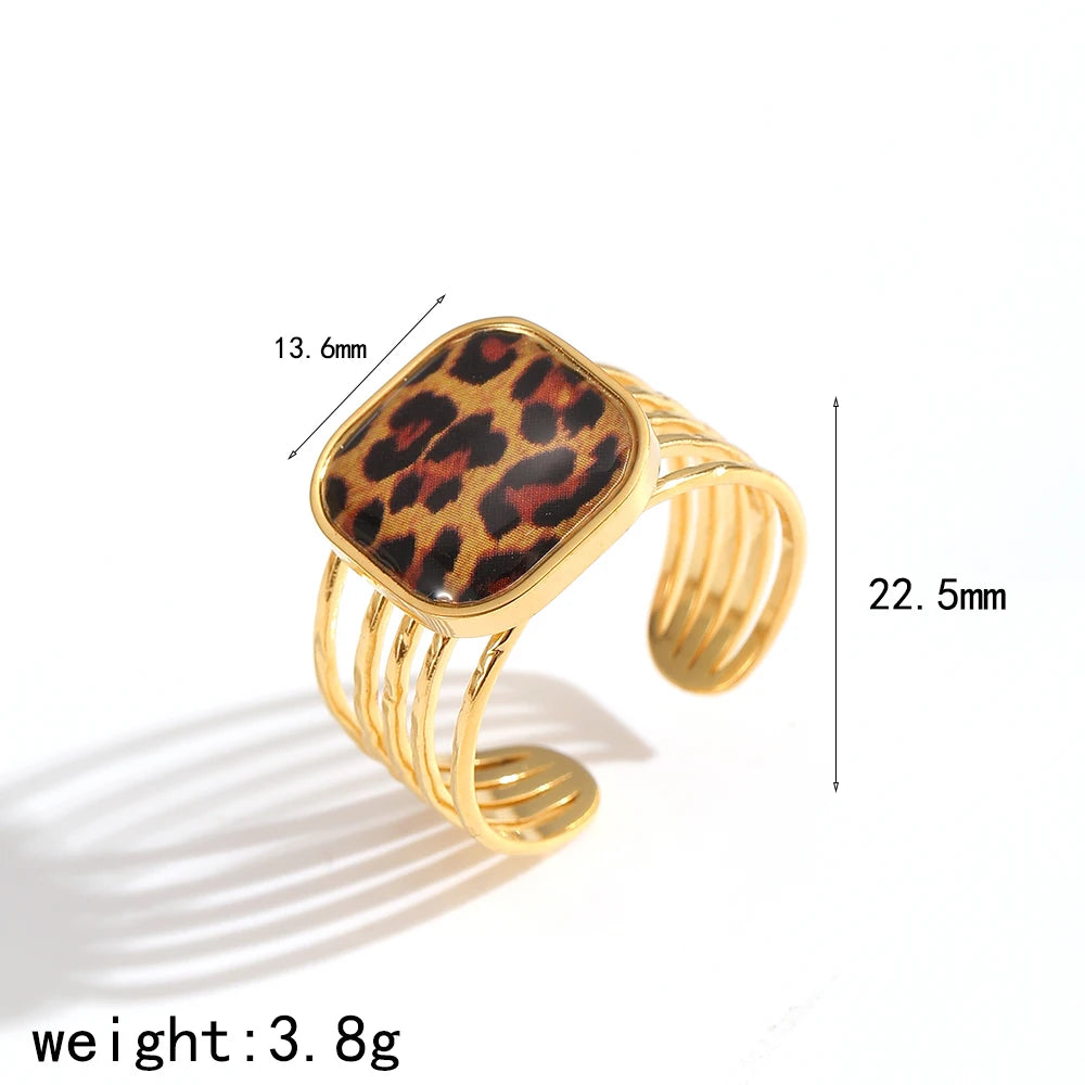 Stainless Steel Retro Geometric Leopard Pattern Adjustable 18K Gold Rings