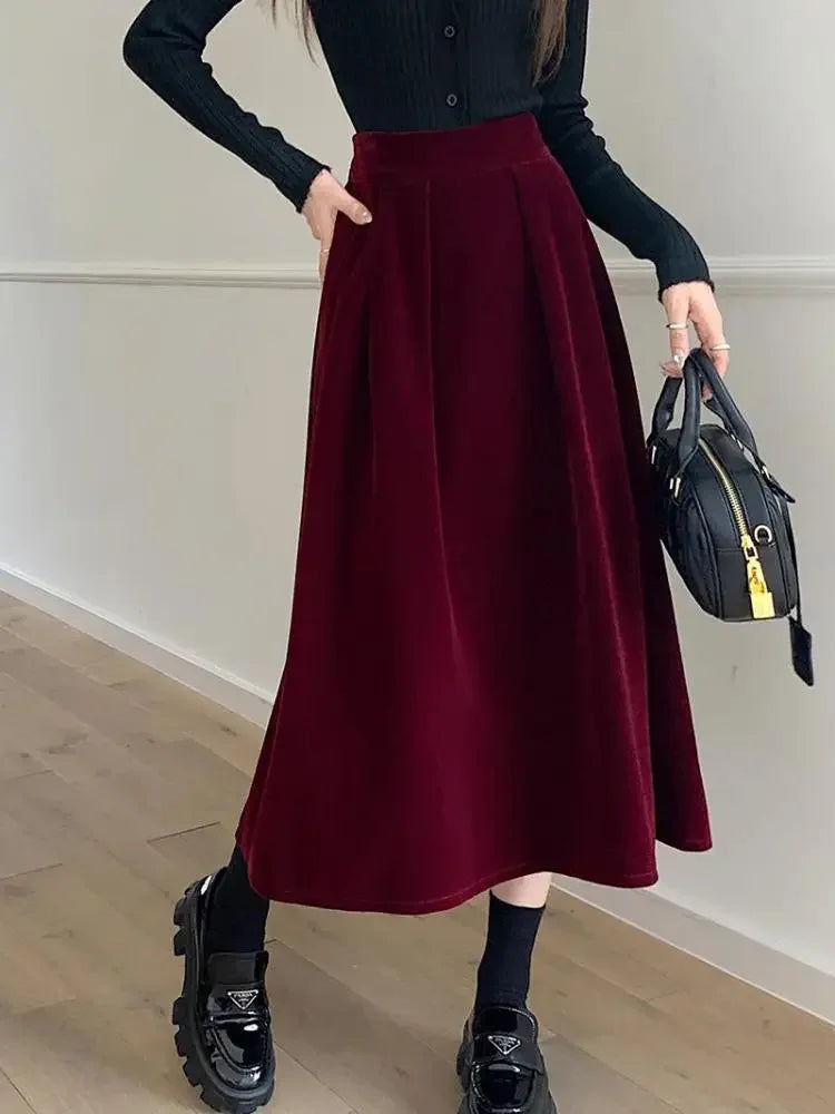 Elegant Velvet High Waist Casual Big Swing Skirts