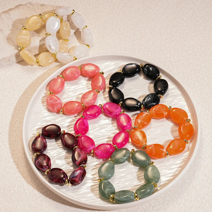 Colorful Marbled Irregular Oval Bead Elastic Bracelets