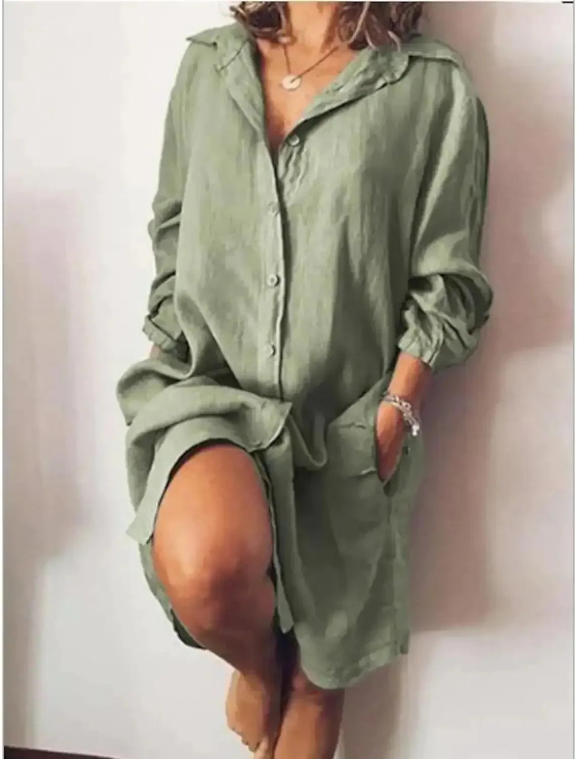 Elegant Cotton Commuting Style Flip Collar Single Breasted Dress