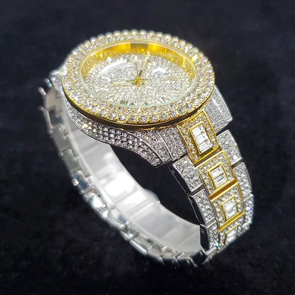 Luxury Diamond Bling Iced Hip Hop Golden Stainless Steel Quartz Watch
