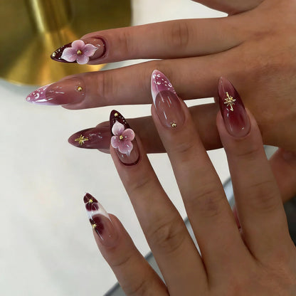 24Pcs Gilded 3D Flower Press on Nails Black French Leopard Print False Nails