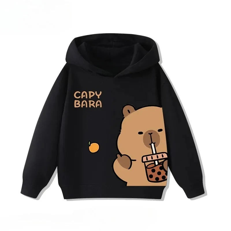 Autumn Winter Cartoon Cute Capybara Print Hooded Pullover