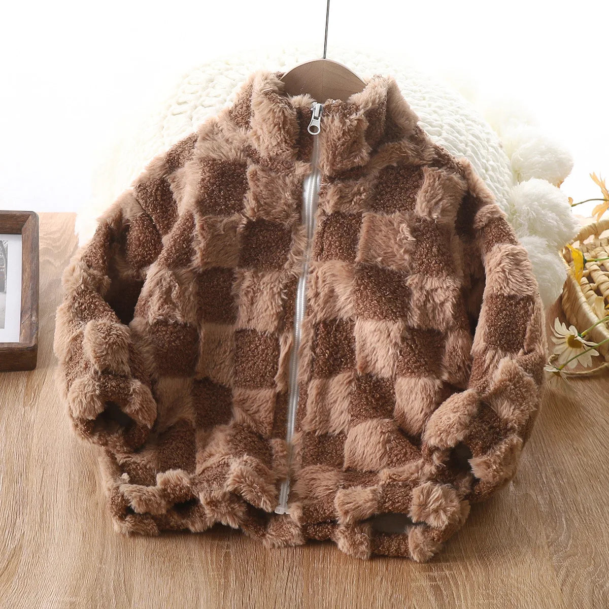 Plaid Pattern Fleece Coat Thick Cardigan with Zipper Stand Cozy Winter Coat