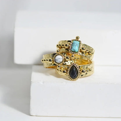 Creative Gold Plated Stainless Steel Simple Geometric Round Natural Stone Ring
