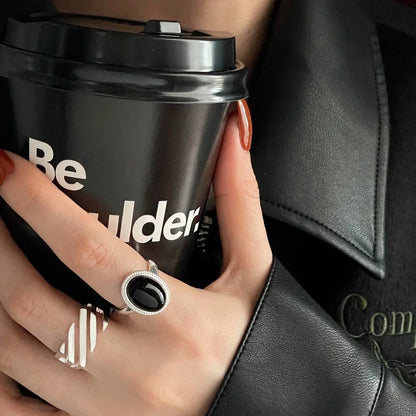 925 Sterling Silver Geometric Black Stone Rings