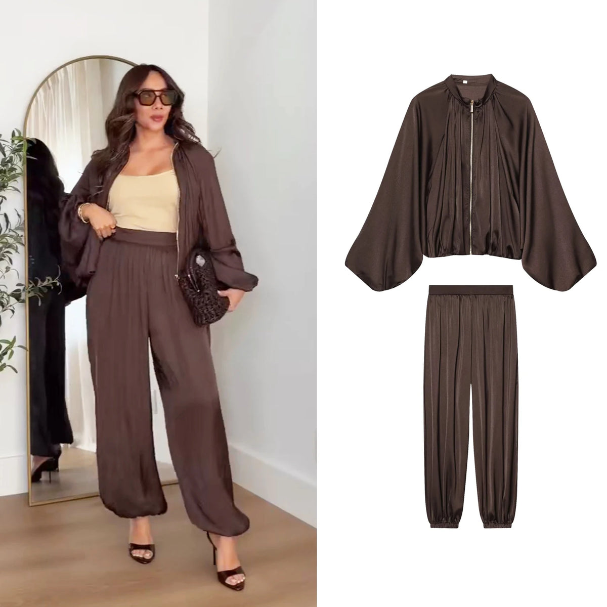 Coffee Pleated Bubble Puff Loose Long Sleeved High Waisted Casual Long Pants Sets