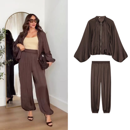 Coffee Pleated Bubble Puff Loose Long Sleeved High Waisted Casual Long Pants Sets