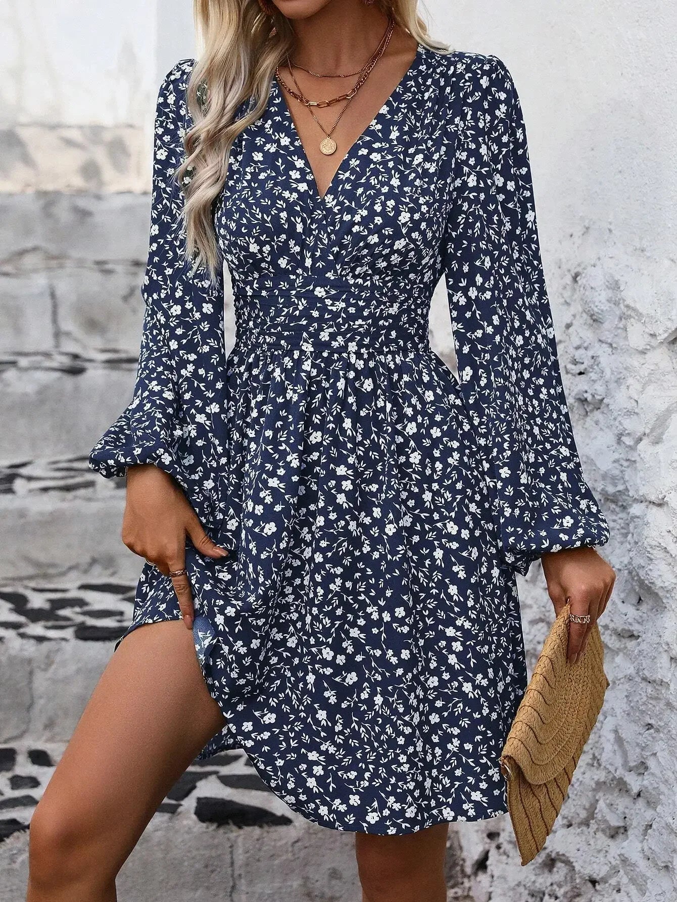 Lantern Sleeve Wrap Mini Dress