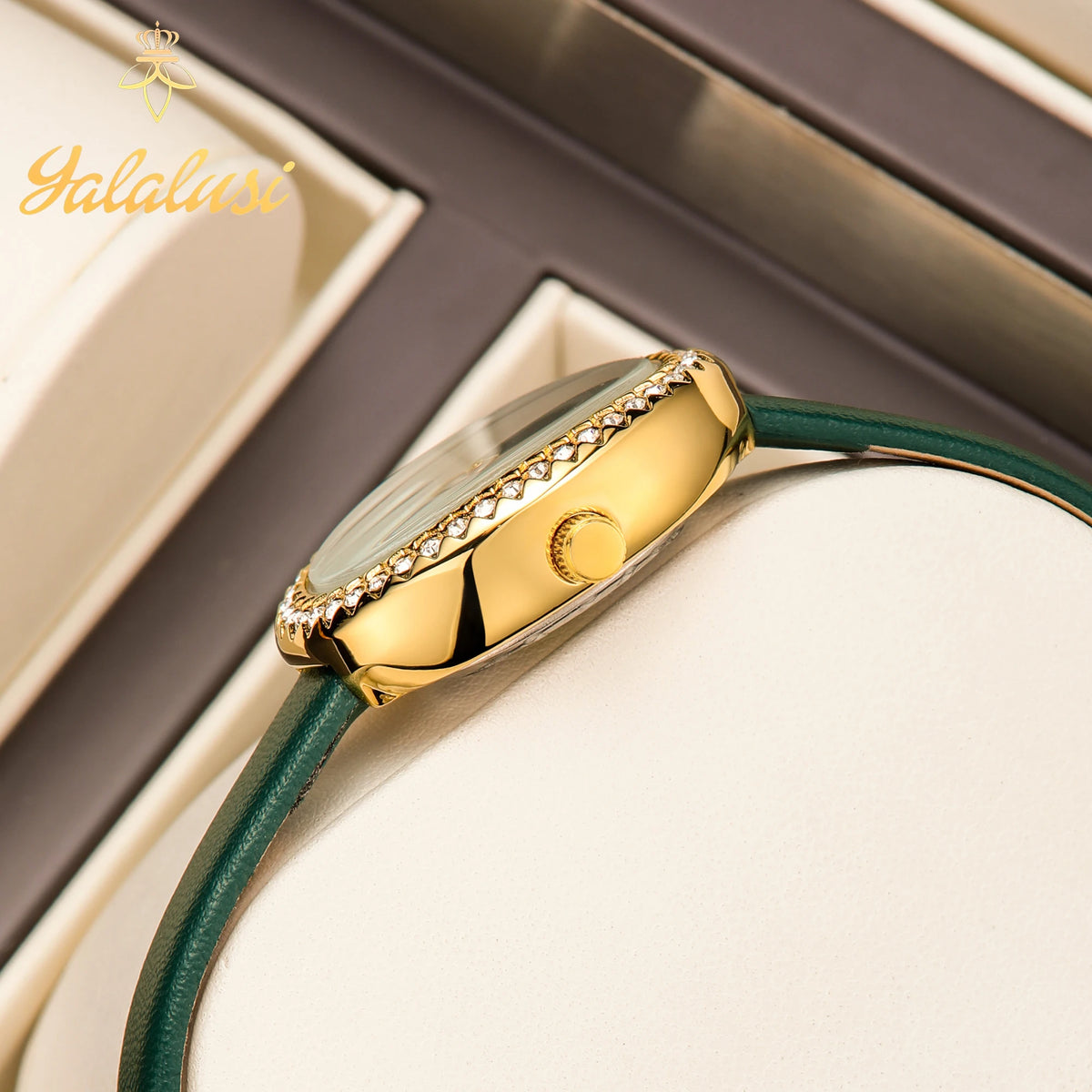 Water-Resistant Quartz A Luxurious Diamond-Set Leather Strap Bracelet Watch