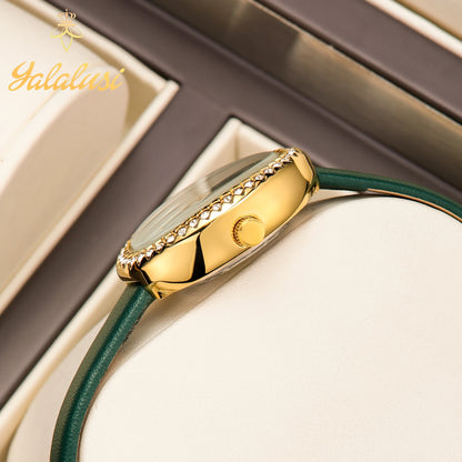 Water-Resistant Quartz A Luxurious Diamond-Set Leather Strap Bracelet Watch