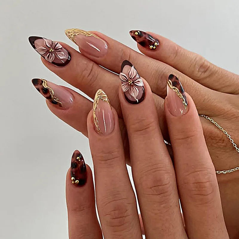 24Pcs Gilded 3D Flower Press on Nails Black French Leopard Print False Nails