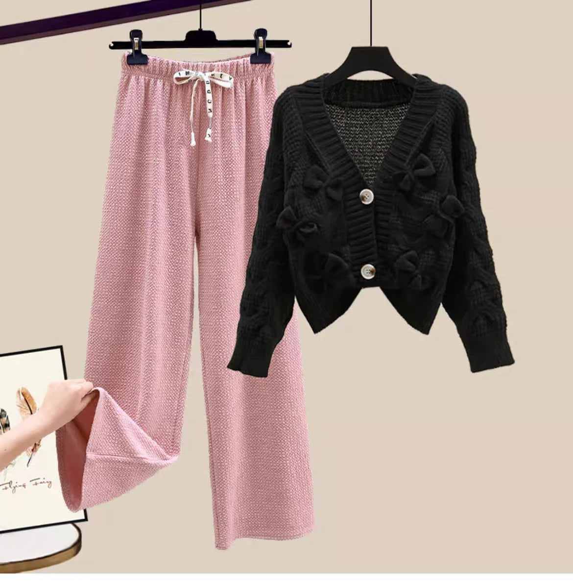 Korean Sweet Bow Outfit Long Sleeve Cardigan Knitwear Wide Leg Pants Set