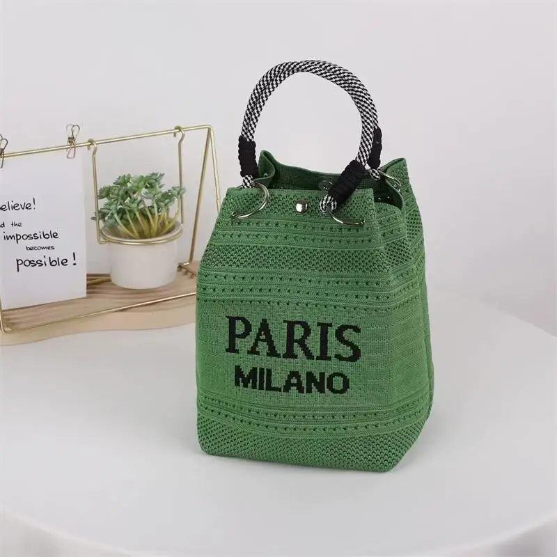 Letter Print Hollow Knit Bucket Lightweight Woven Handbag Small Tote Bag
