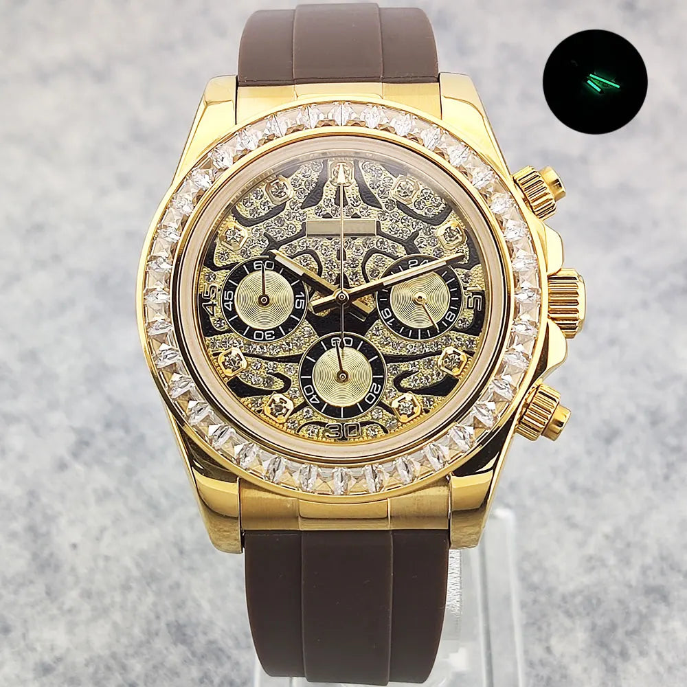 Movement Quartz Chronograph Sapphire Glass Gemstone Dial Luxury Waterproof Wristwatch
