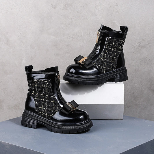 Toddler Black Tweed Bow Front Zipper Ankle Boots