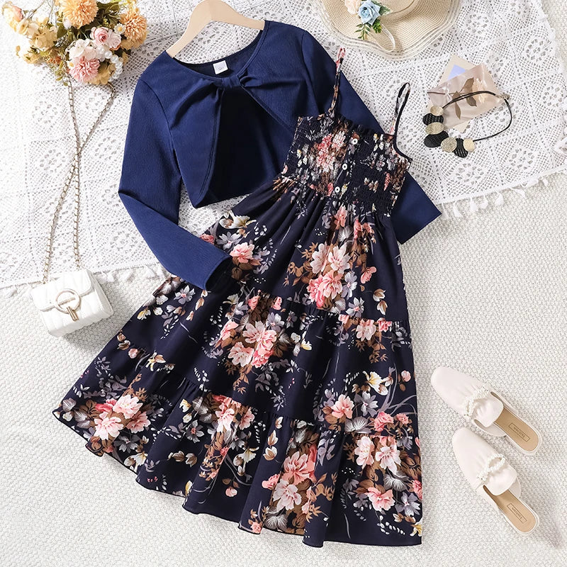 Kid Girl Long Sleeve Bow Sling Dress Set
