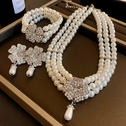 Rhinestone Flower Pearl Necklaces Jewelry Sets