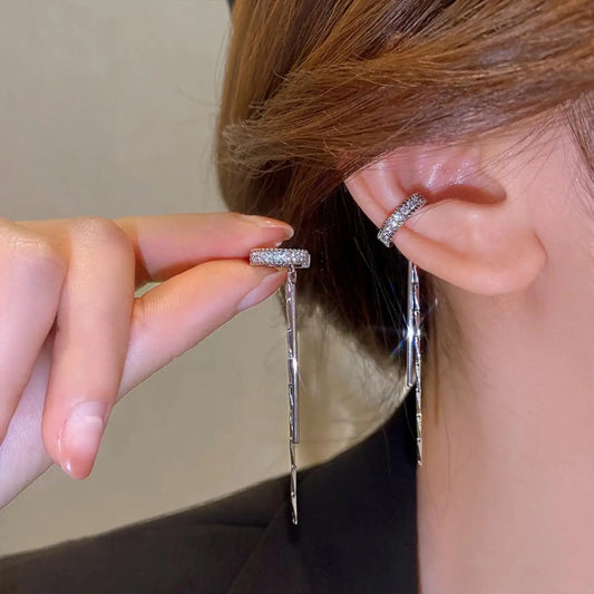 Silver Crystal Tassel Cuff Ear Clip Earring