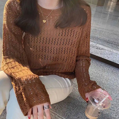 Knitted Long Sleeve Sweaters O-Neck Hollow Out Knit Sweater Pullover