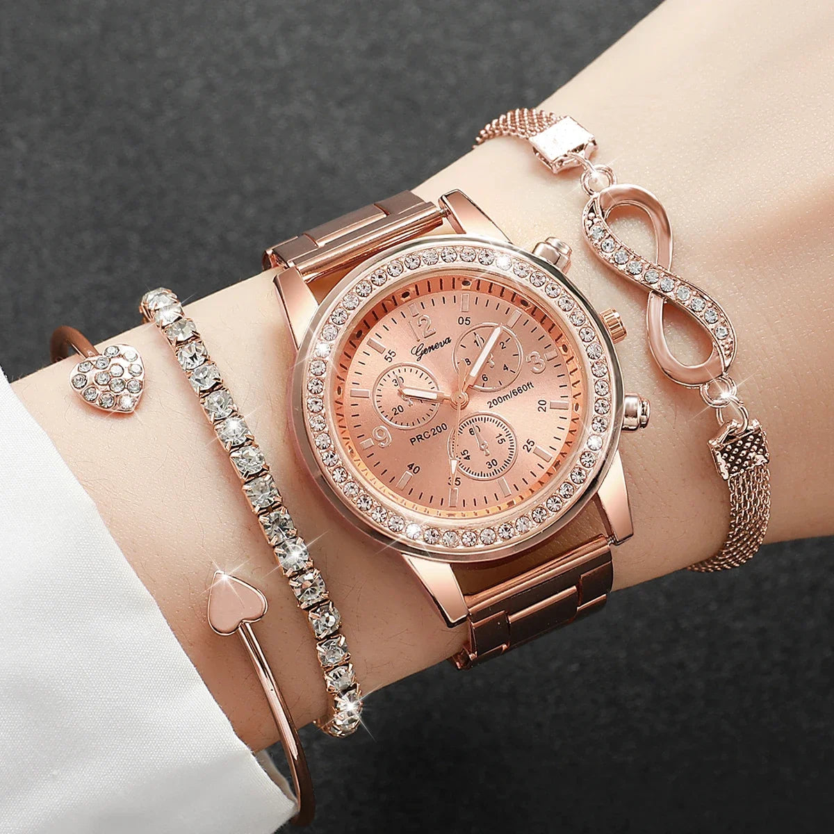 4PCS/Set Rhinestone Luxury Steel Band Quartz Bracelets Watches Set