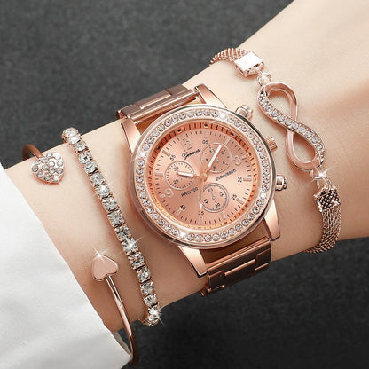 4PCS/Set Rhinestone Luxury Steel Band Quartz Bracelets Watches Set