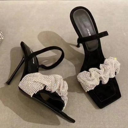 PU High Heels Square Toe 7 Cm Rhinestone Pumps Bling Shoes