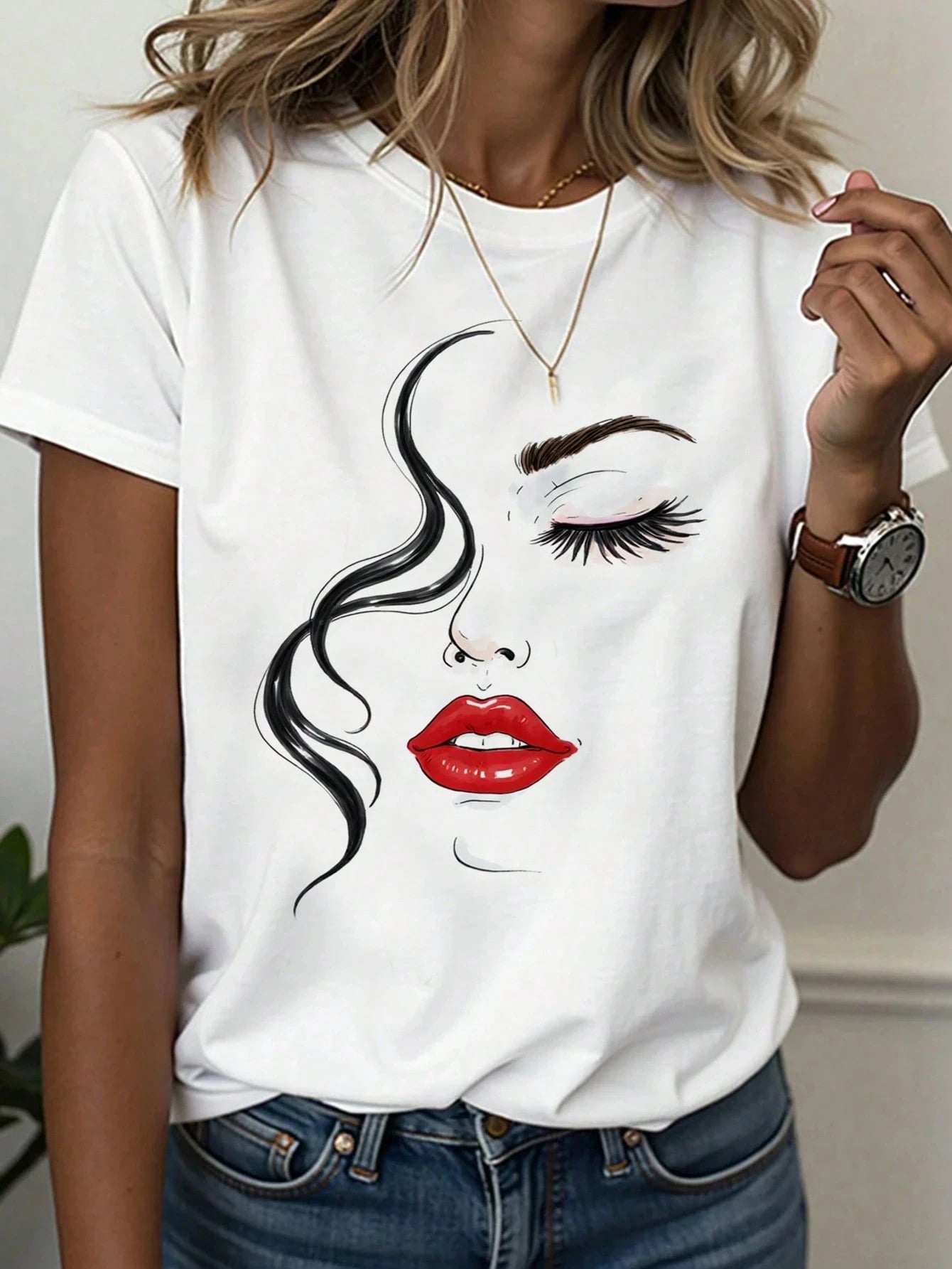 Abstract Face Line Art Graphic Print T-Shirt