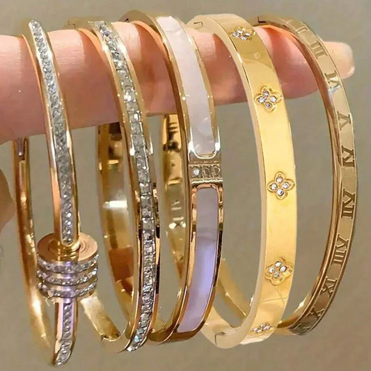 Sparkling Zirconia Inlaid Stainless Steel Bracelet Set