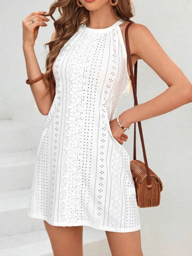 Lace Splice Round Neck Hanging Neck Dress