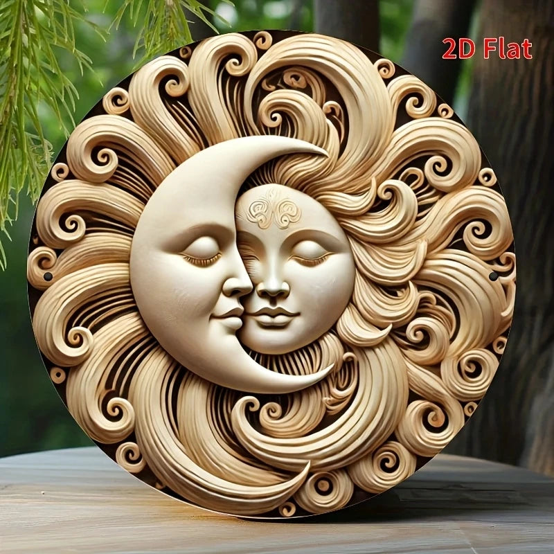 2D Flat Round Wooden Sign Sun And Moon