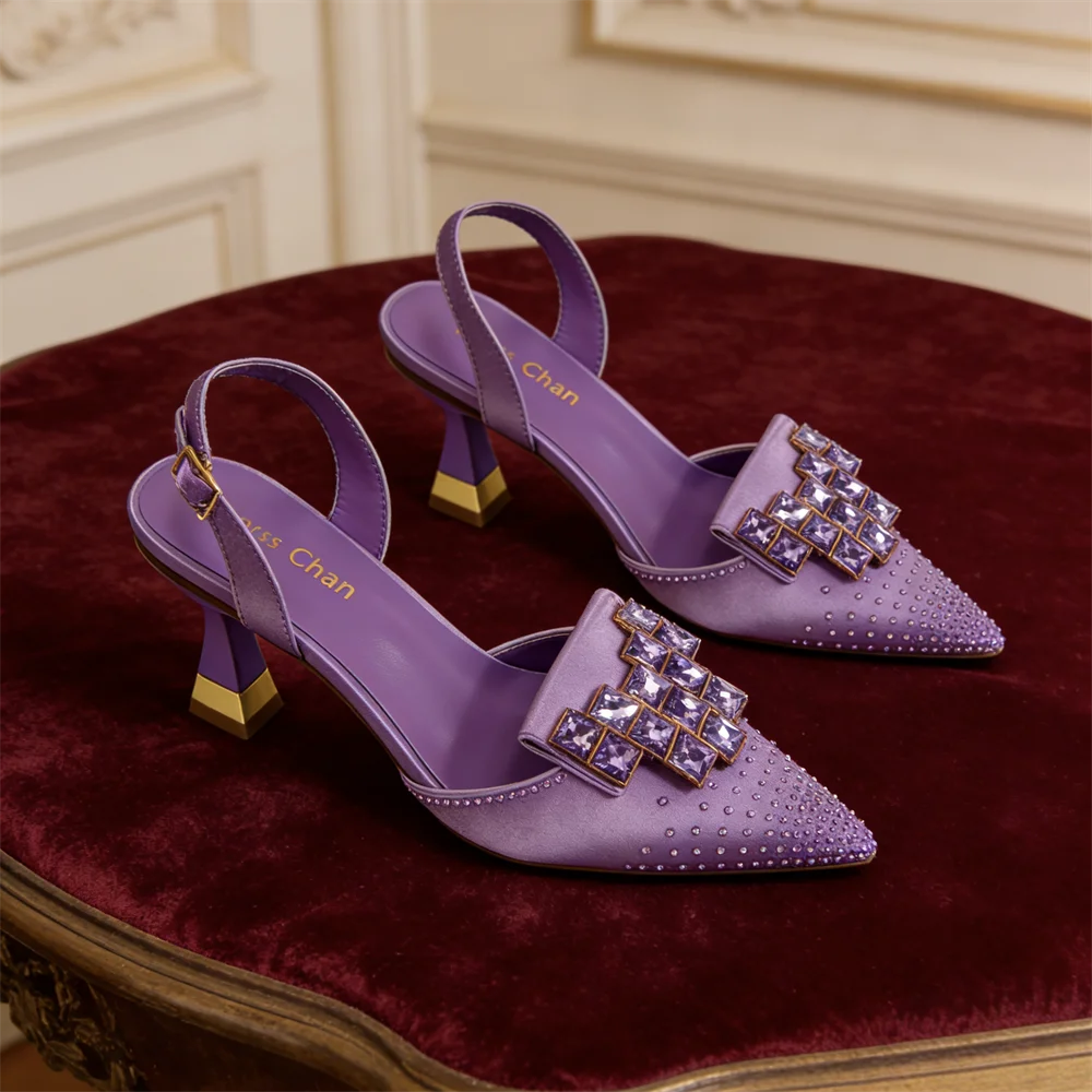 Venus Chan Elegant Green Slingback Heels with Rhinestones Shoes