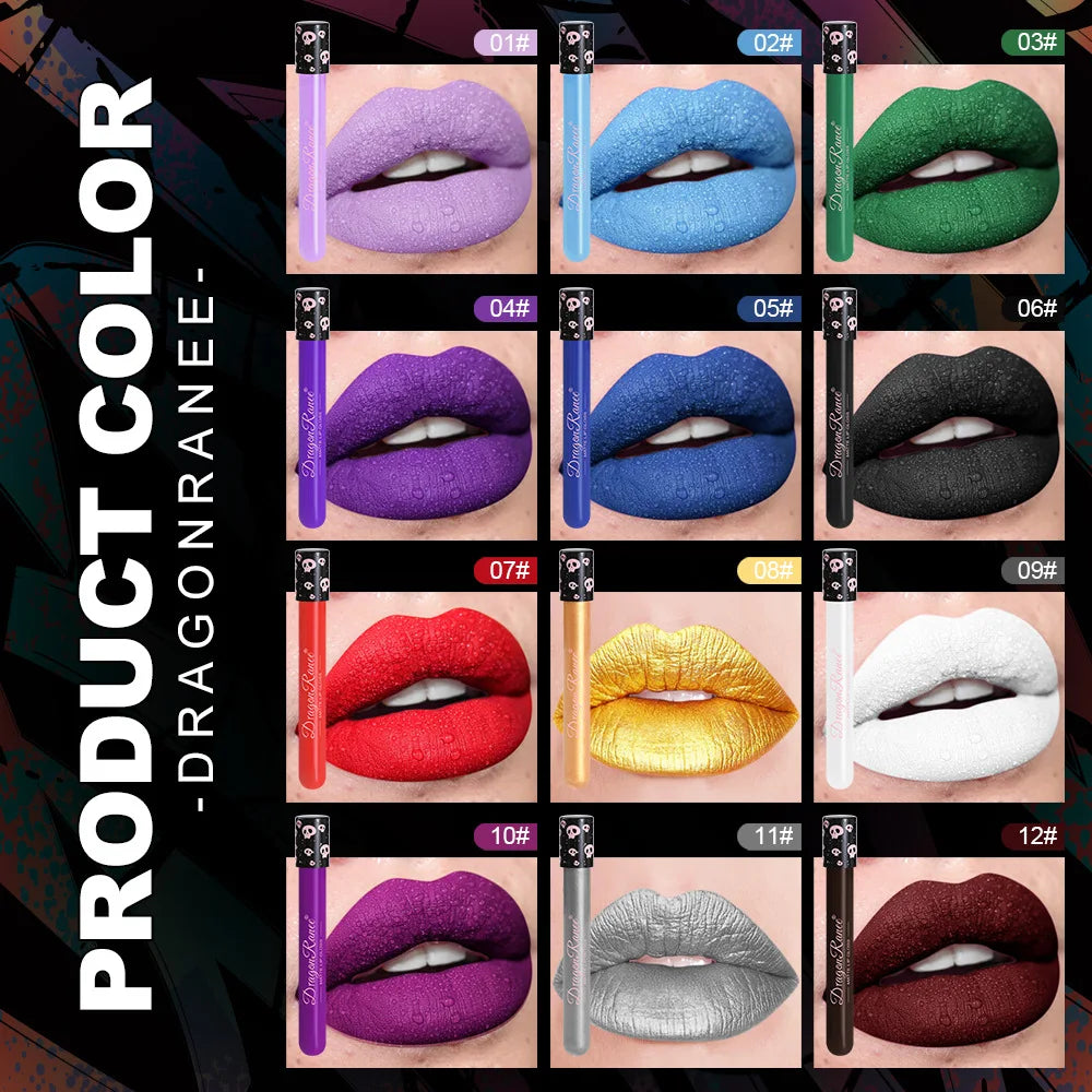 12 Color Halloween Lip Gloss Makeup Black Green Purple Waterproof Matte Lipstick