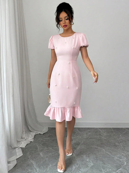 Creamy Smoothie Round Neck Elegant Short Sleeve Dress