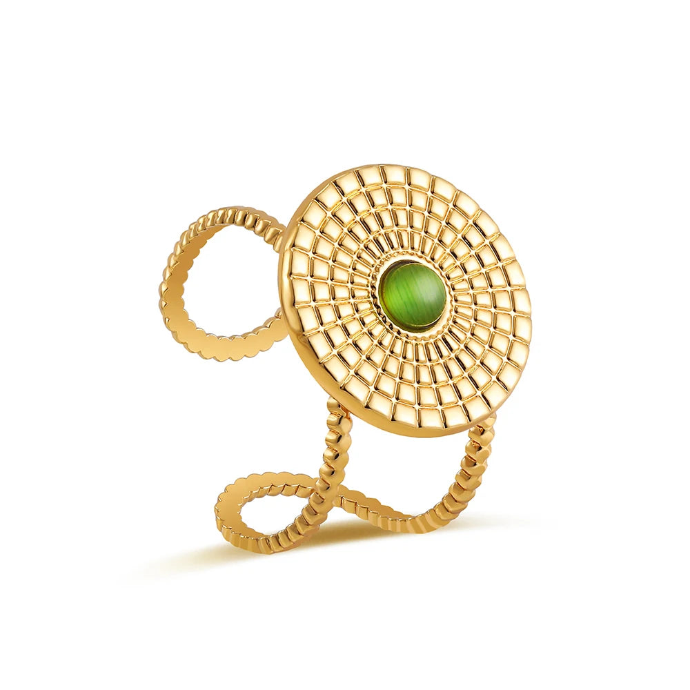 Creative Gold Plated Stainless Steel Simple Geometric Round Natural Stone Ring