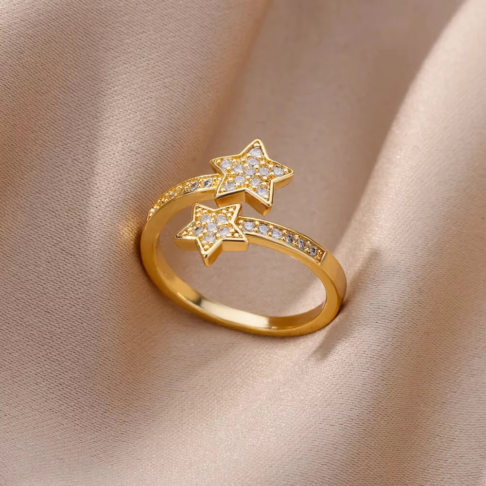 Chain Hollow Out Gold Stainless Steel Zircon Cross Ring