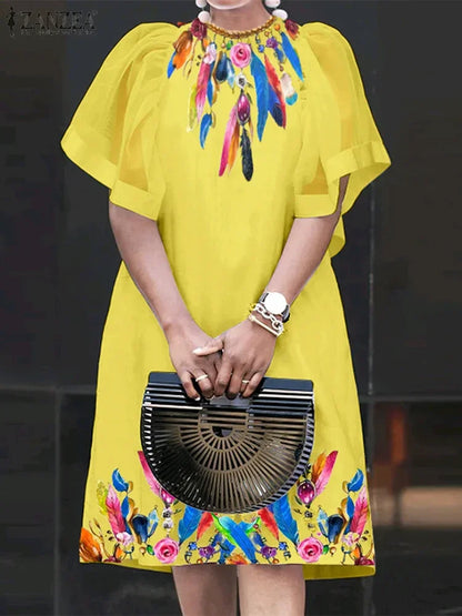 Mesh Patchwork Sundress Mini Ruffle Short Sleeve Dress