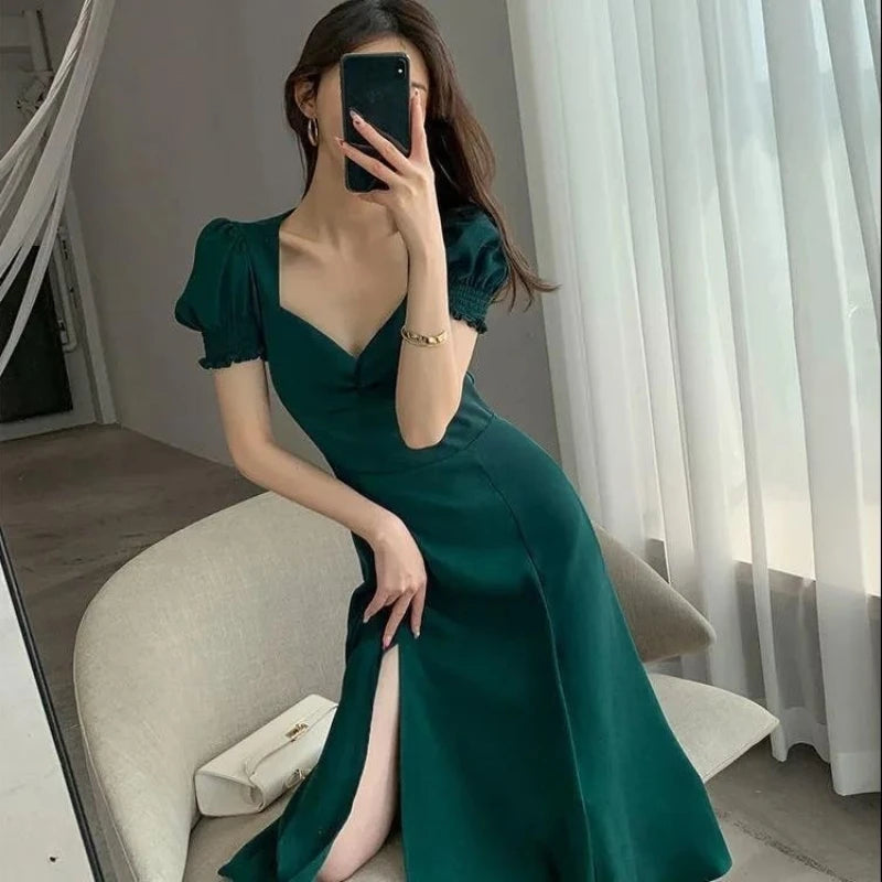 Solid Puff Short-Sleeved Elegant Slit Dress