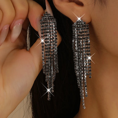 Shiny Rhinestone Crystal Tassel Long Earrings