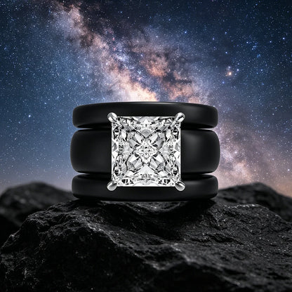 Princess Cut Cubic Zirconia Black Ceramic Band Chunky Ring
