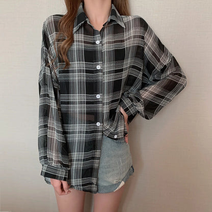 Sheer Chiffon Plaid Oversized Shirt